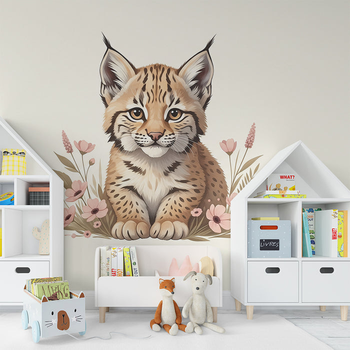 Papel pintado habitación infantil | Joven lince rodeado de flores delicadas