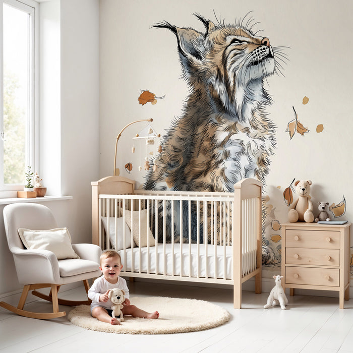 Kids room wallpaper | Young lynx and autumn foliage