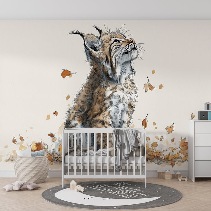 Kids room wallpaper | Young lynx and autumn foliage