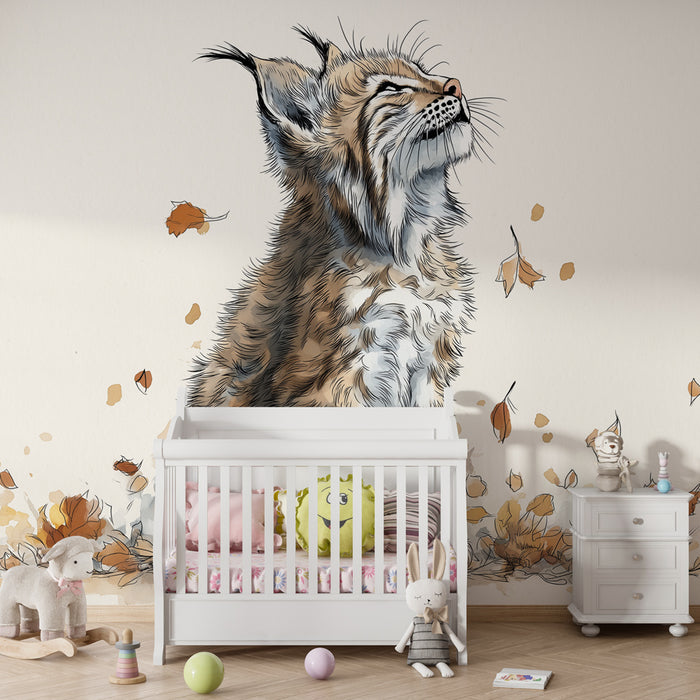 Kids room wallpaper | Young lynx and autumn foliage