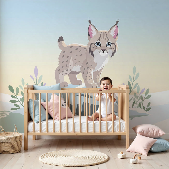 Kinderzimmer Tapete | Junges Luchs auf einem Felsen in einer winterlichen Landschaft