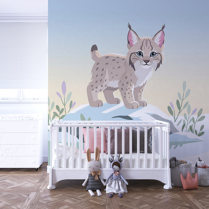 Kinderzimmer Tapete | Junges Luchs auf einem Felsen in einer winterlichen Landschaft