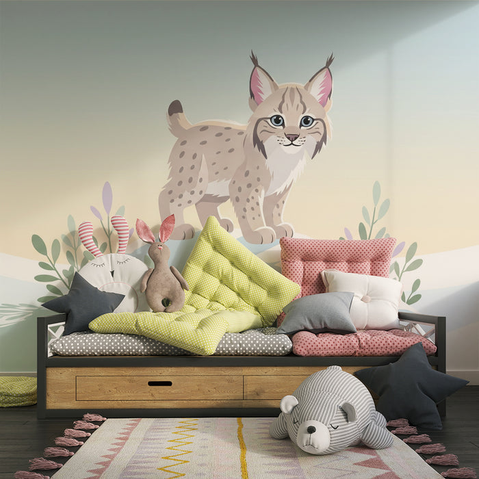 Kinderzimmer Tapete | Junges Luchs auf einem Felsen in einer winterlichen Landschaft