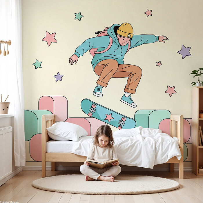 Children's bedroom wallpaper | Young skateboarder in action on colorful blocks