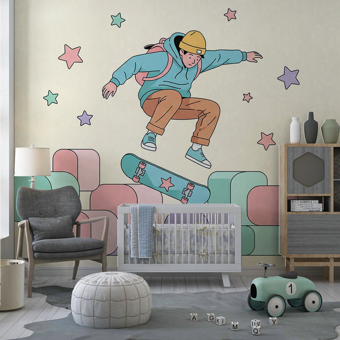 Children's bedroom wallpaper | Young skateboarder in action on colorful blocks