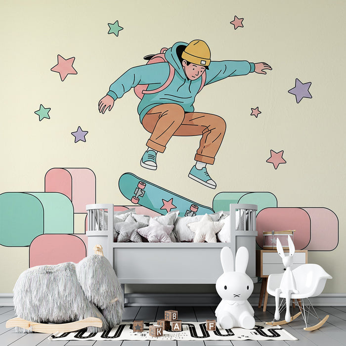 Children's bedroom wallpaper | Young skateboarder in action on colorful blocks
