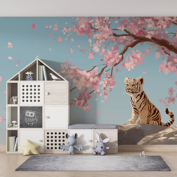 Børneværelse tapet | Ung tiger under blomstrende kirsebærtræer