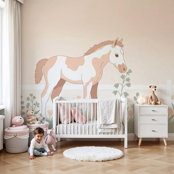 Papier peint chambre enfant | Joli poney dans un champ fleuri