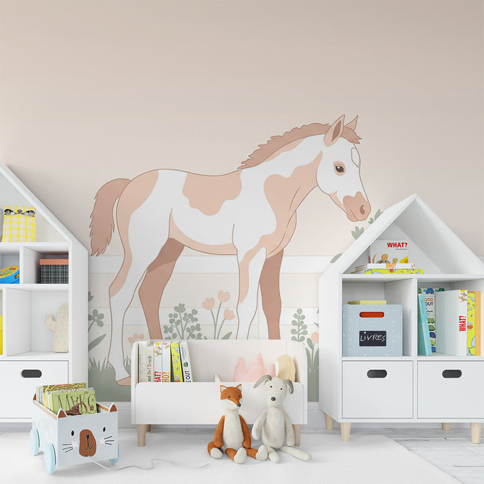 Papier peint chambre enfant | Joli poney dans un champ fleuri