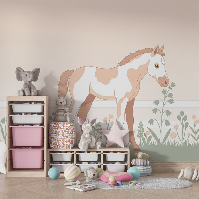 Papier peint chambre enfant | Joli poney dans un champ fleuri