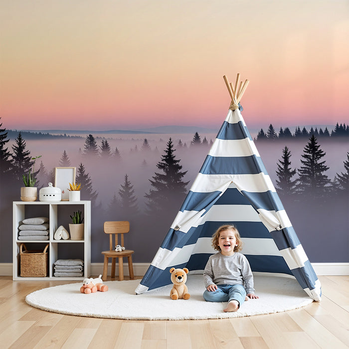 Kinderzimmer Tapete | Schöner nebliger Wald bei Sonnenaufgang