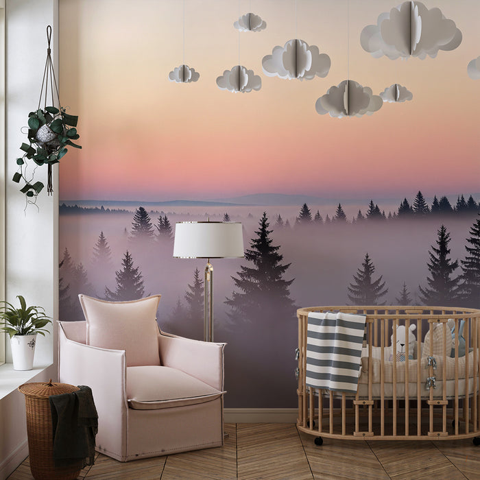 Kinderzimmer Tapete | Schöner nebliger Wald bei Sonnenaufgang