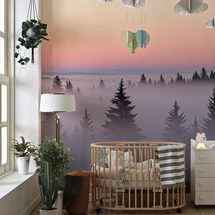 Kinderzimmer Tapete | Schöner nebliger Wald bei Sonnenaufgang