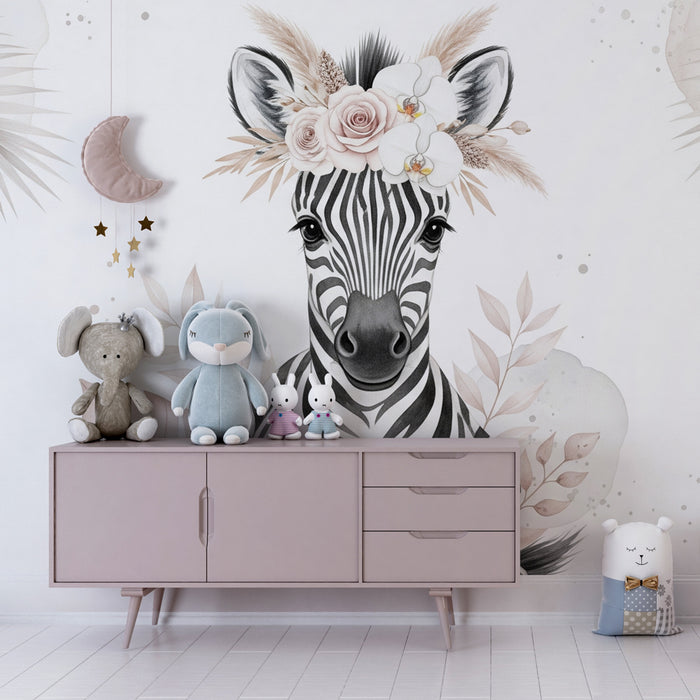 Kinderkamer behang | Mooie bloemenzebra voor een delicate sfeer