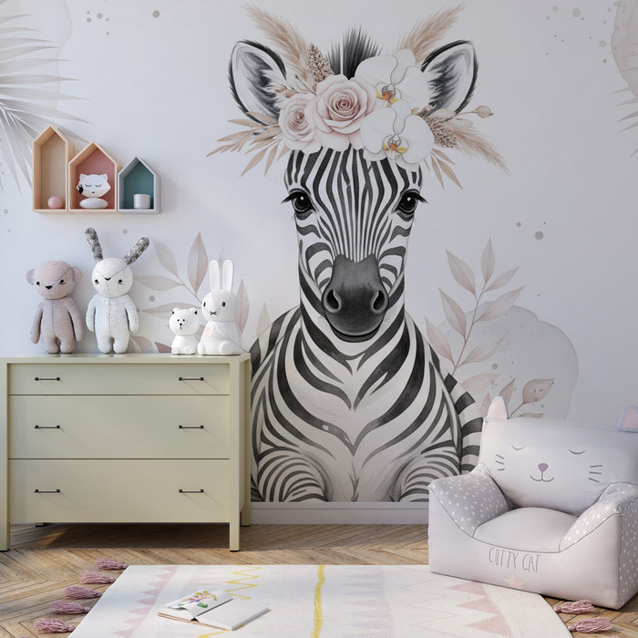 Kinderkamer behang | Mooie bloemenzebra voor een delicate sfeer