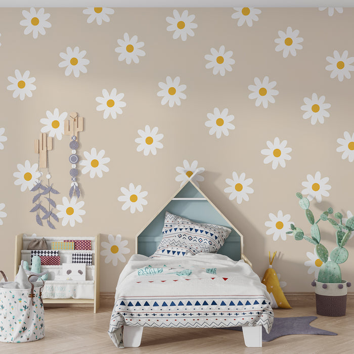 Carta da parati bambini | Belle margherite su sfondo beige