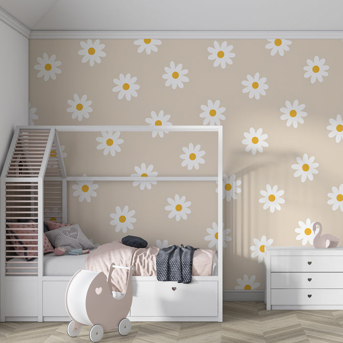 Carta da parati bambini | Belle margherite su sfondo beige