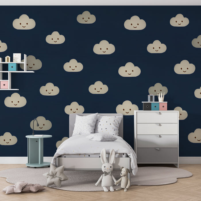 Kids room wallpaper | Lovely smiling clouds on navy background