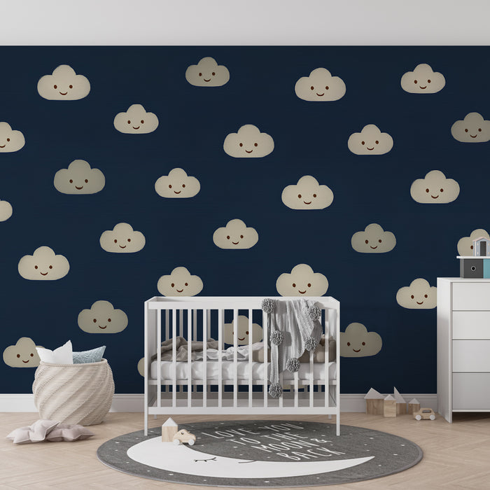 Kids room wallpaper | Lovely smiling clouds on navy background