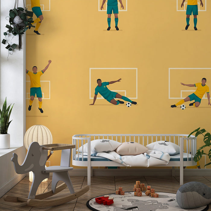 Detská tapeta do izby | Futbalisti v akcii na žltom pozadí