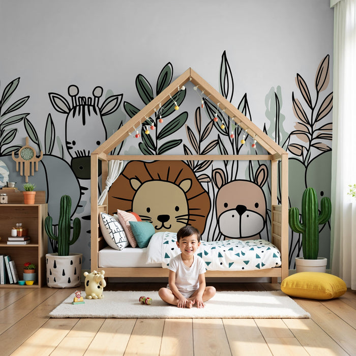 Papier peint chambre enfant | Joyeuse faune animalier dans la jungle