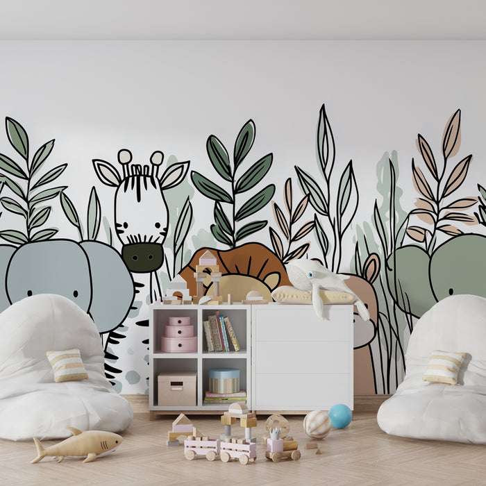 Papier peint chambre enfant | Joyeuse faune animalier dans la jungle