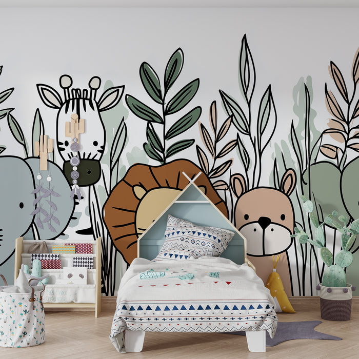 Papier peint chambre enfant | Joyeuse faune animalier dans la jungle