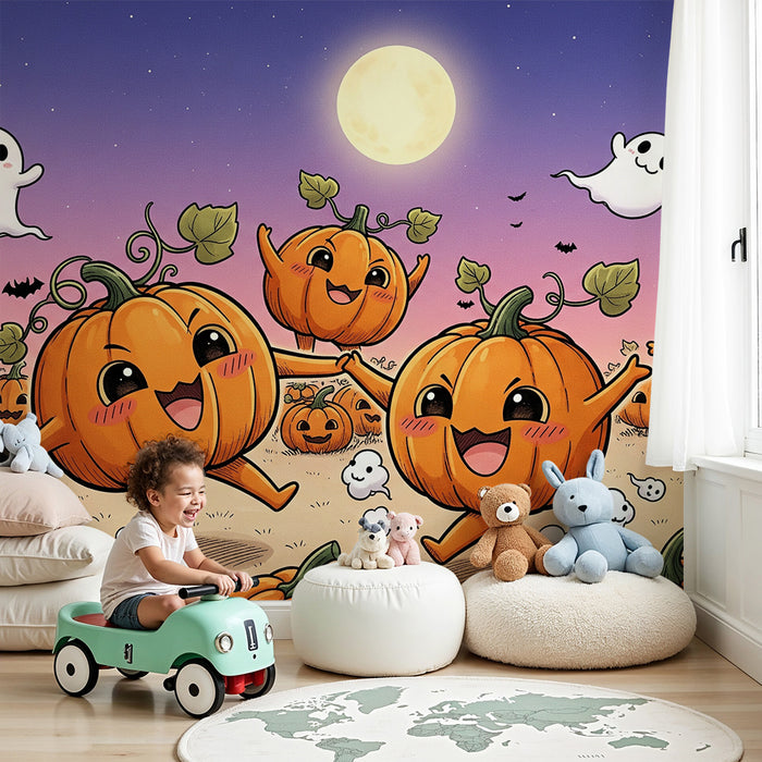 Kinderkamerbehang | Vrolijke pompoenen en spoken in een Halloween-landschap