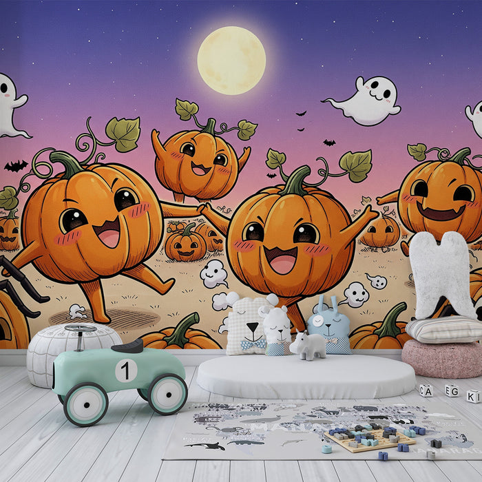 Kinderkamerbehang | Vrolijke pompoenen en spoken in een Halloween-landschap