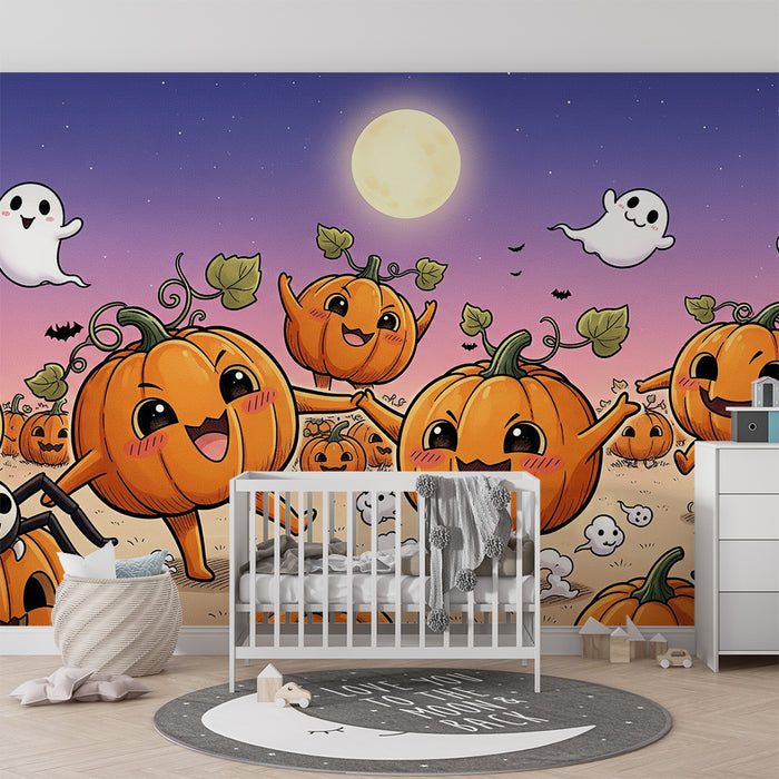 Kinderkamerbehang | Vrolijke pompoenen en spoken in een Halloween-landschap