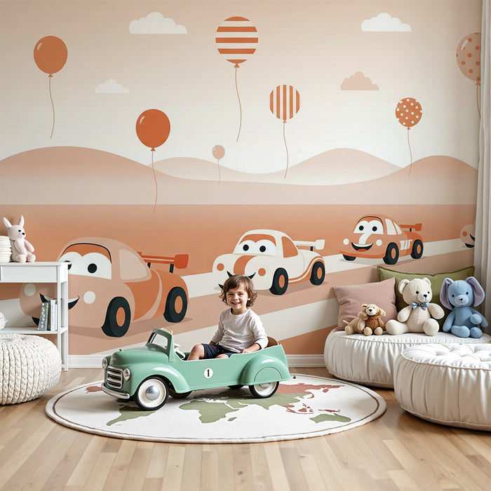 Papier peint chambre enfant | Joyeuses voitures de course et ballons colorés