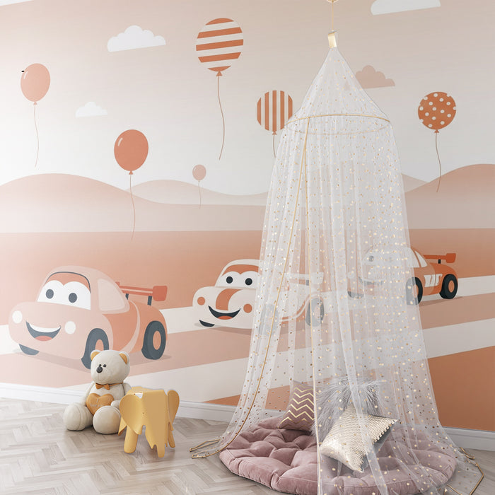 Papier peint chambre enfant | Joyeuses voitures de course et ballons colorés