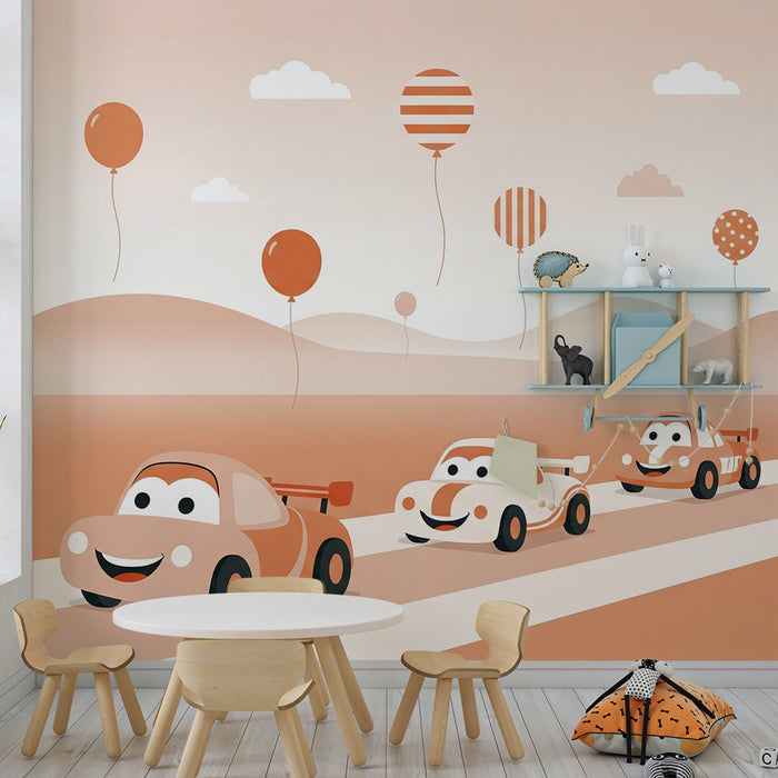 Papier peint chambre enfant | Joyeuses voitures de course et ballons colorés