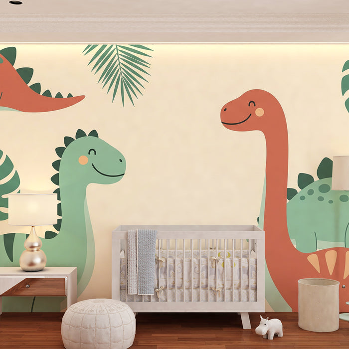 Gyerekszoba tapéta | Vidám dinoszauruszok trópusi levelek között