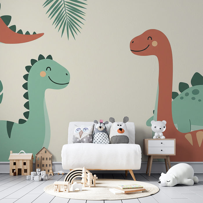 Gyerekszoba tapéta | Vidám dinoszauruszok trópusi levelek között