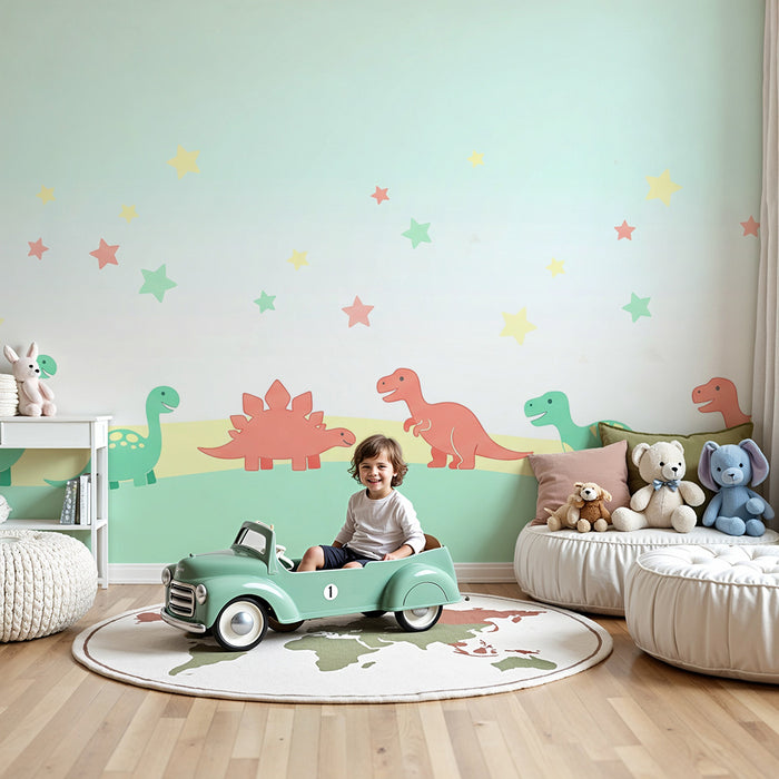 Barntapet | Glada färgglada dinosaurier under en stjärnklar himmel