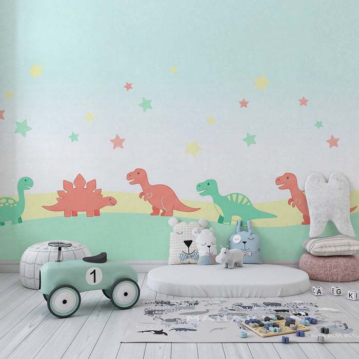 Barntapet | Glada färgglada dinosaurier under en stjärnklar himmel