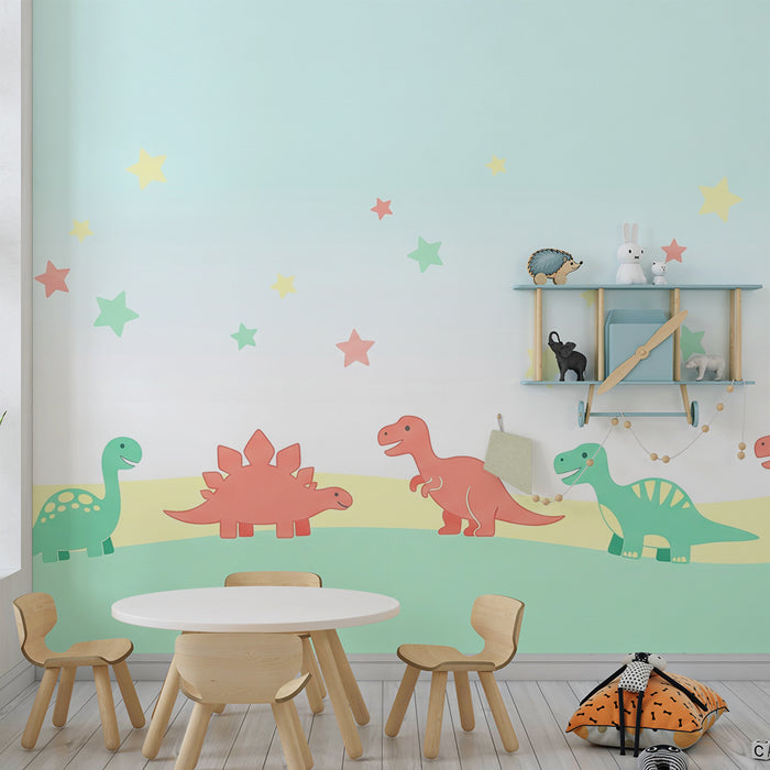 Barntapet | Glada färgglada dinosaurier under en stjärnklar himmel