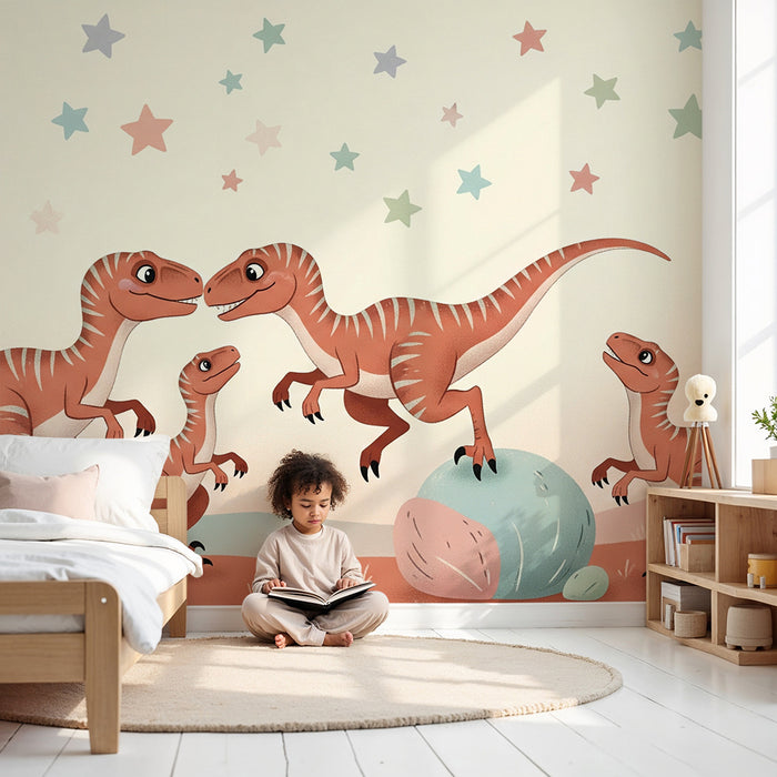 Gyerekszoba tapéta | Boldog dinoszauruszok egy csillagos tájban