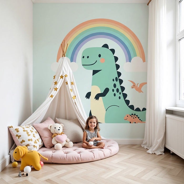 Kids room wallpaper | Happy dinosaurs under a colorful rainbow