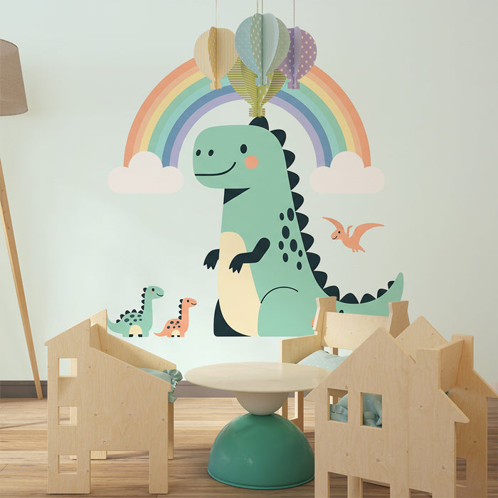 Kids room wallpaper | Happy dinosaurs under a colorful rainbow