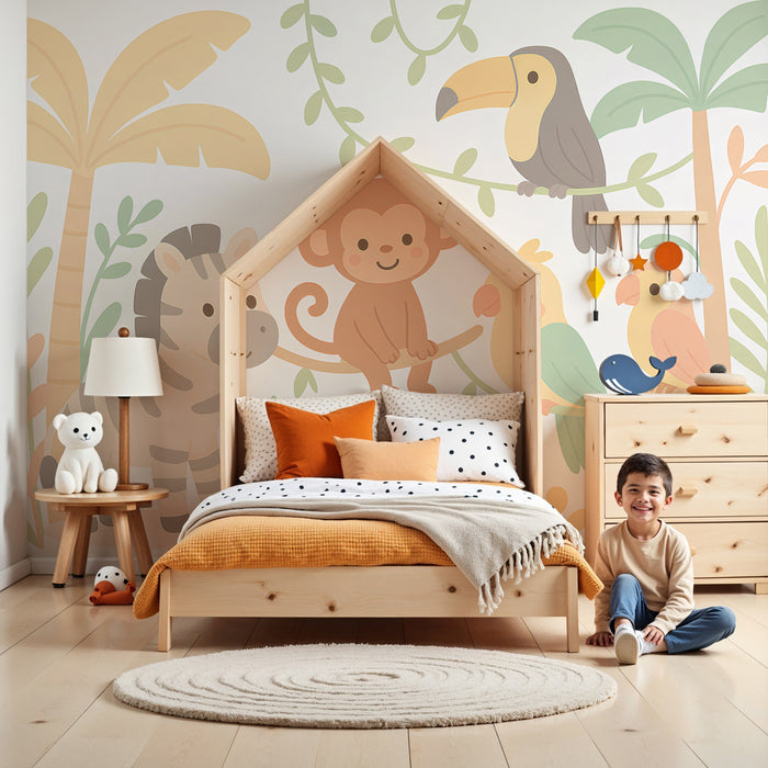Kinderkamer behang | Leuke jungle met kleurrijke dieren