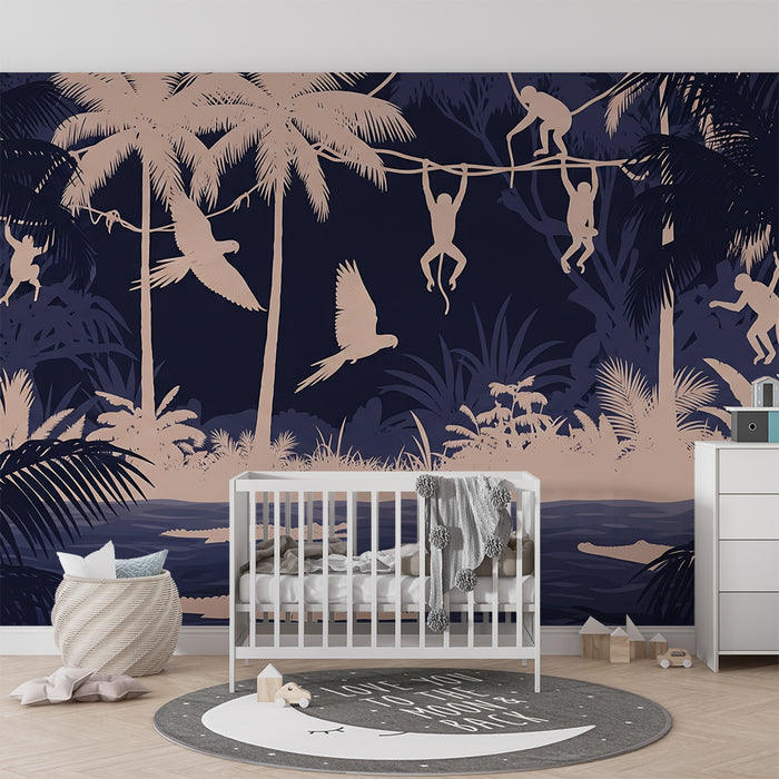 Gyermekszoba tapéta | Vidám dzsungel majmokkal és papagájokkal