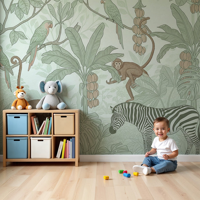 Gyermekszoba tapéta | Vidám dzsungel majmokkal, papagájokkal és zebrával