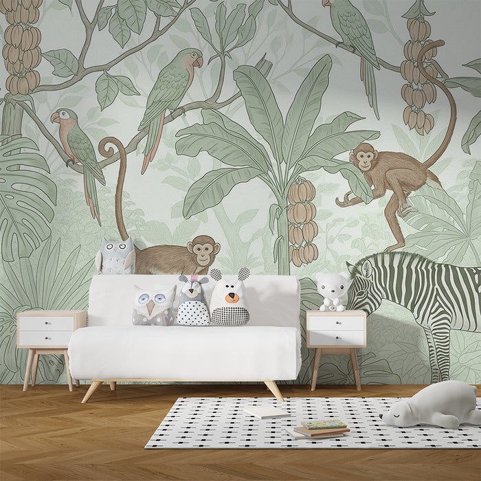 Kids room wallpaper | Playful monkeys and toucans in the lush jungle