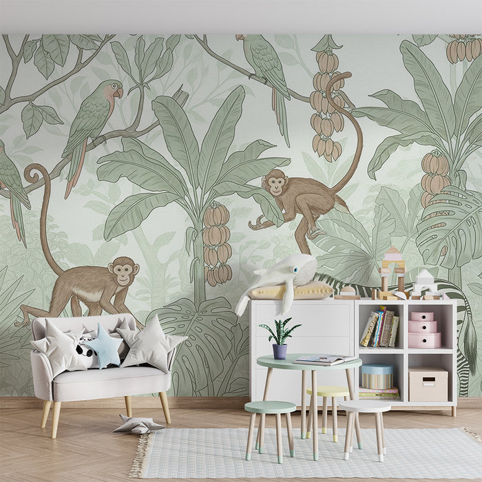 Gyermekszoba tapéta | Vidám dzsungel majmokkal, papagájokkal és zebrával