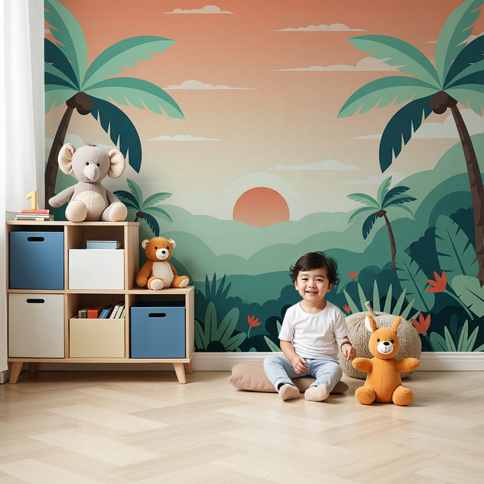 Carta da parati bambini | Giungla con palme e tramonto