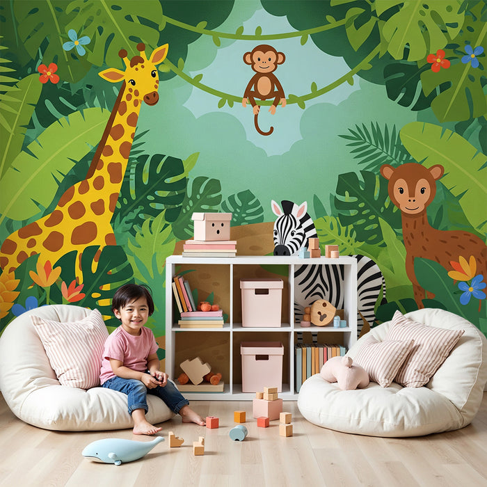 Papier peint chambre enfant | Jungle colorée avec animaux amusants