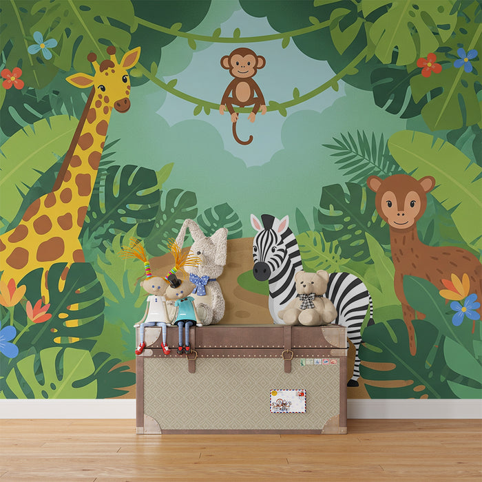 Papier peint chambre enfant | Jungle colorée avec animaux amusants