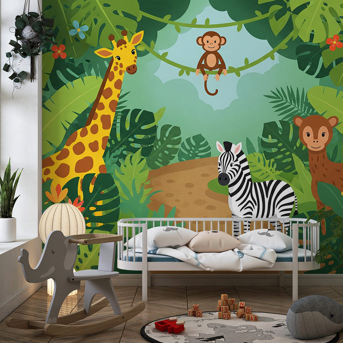 Papier peint chambre enfant | Jungle colorée avec animaux amusants